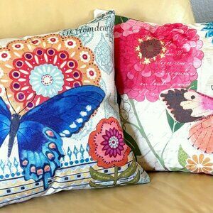 Set/2 Bohemian Garden Boho Butterflies Flowers Linen Blend Throw Pillow Covers